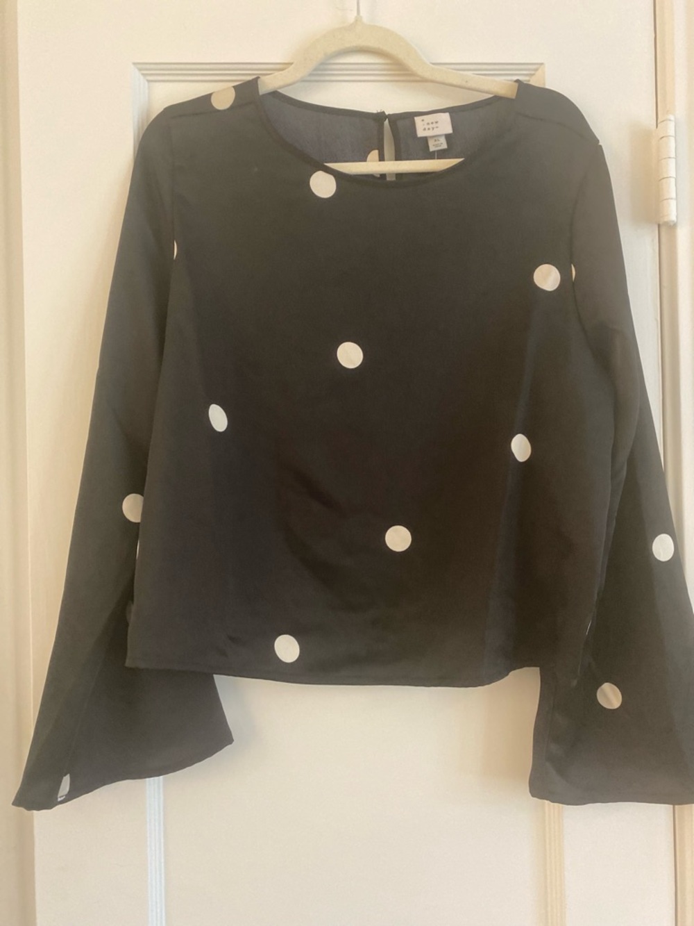 a new day Women’s Bell Sleeved Black Blouse with White Polka Dots - XXL